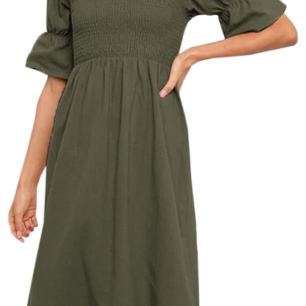 Amazon Green Ruched Smocked A-Line Dress